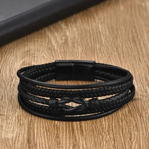 Men's Multi-layer Braided Microfiber Leather Bracelet Stainless Steel Magnetic Clasp Punk Individual Street Style Wristband