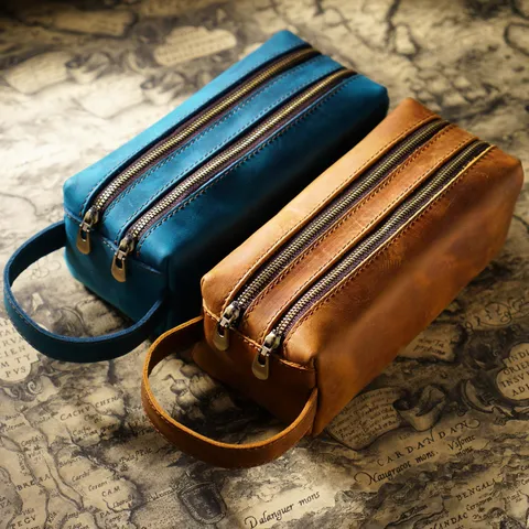 Vintage Genuine Cowhide Leather Pencil Case Large Capacity Double Layer Multifunctional Stationery Pouch Retro Pencil Box For School Office