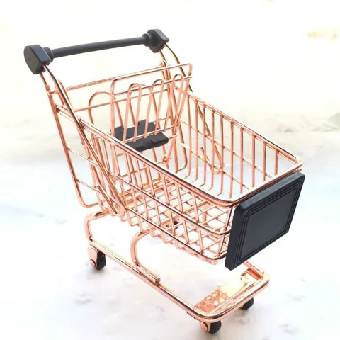 Mini Carrito de Compras de Metal Supermercado Trolley Organizador de Escritorio Oro Rosa Cesta de Almacenamiento Juguete de Simulación
