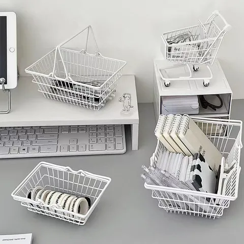 INS Style Iron Mesh Storage Basket Desktop Organizer Cute Shopping Cart Storage Box Makeup Stationery Sundries Holder