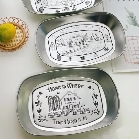 Retro Metal Serving Tray Vintage Tin Food Fruit Snack Storage Plate Coffee Homestead Pattern Kitchen Decor