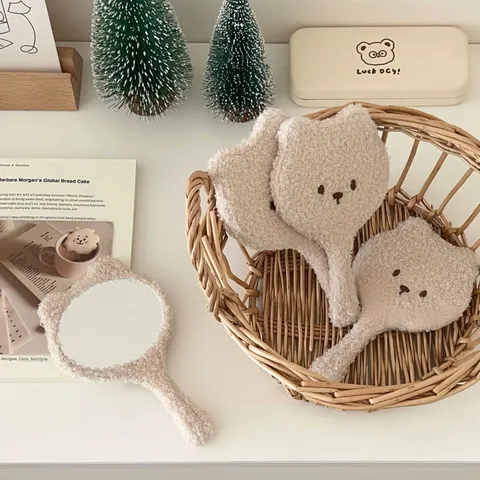 Cute Plush Bear Handheld Makeup Mirror Soft Lamb Wool Cosmetic Mirror Portable Cute Bear Mirror For Girls Women Vanity