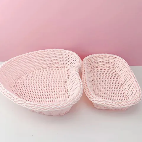 INS Macaron Plastique Rotin Tissé Panier de Rangement de Bureau Mignon Coeur Carré Boîte Organisateur pour Papeterie Divers Décoration de Maison