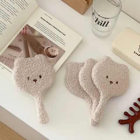 Cute Plush Bear Handheld Makeup Mirror Soft Lamb Wool Cosmetic Mirror Portable Cute Bear Mirror For Girls Women Vanity