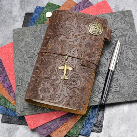 Vintage Fait Main Cuir Véritable Journal de Voyage Carnet Floral Gaufré Agenda Format Passeport Écriture Quotidienne Cadeau