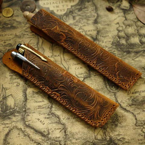 Vintage Geschnitztes Rindsleder Federmäppchen Handgemachte Leder Stifthülle Schutzhülle Für Büro Schule Schreibwaren
