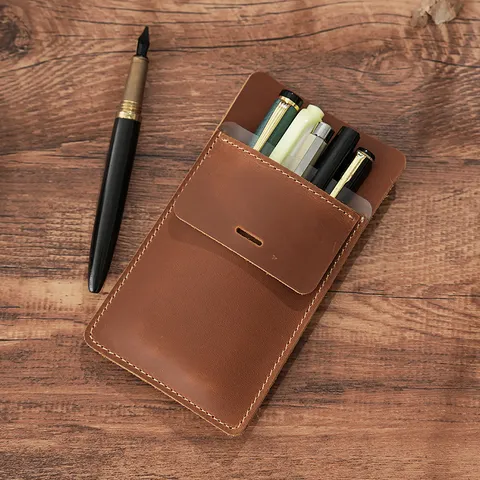 Genuine Leather Pencil Case Vintage Crazy Horse Cowhide Pen Pouch Pocket Protector Doctor Nurse Stationery Storage Bag