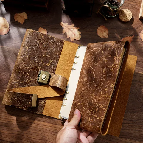 Carnet de Notes à Feuilles Mobiles en Cuir de Vachette Fait Main Rétro avec Serrure à Code Journal de Bord Fournitures de Bureau