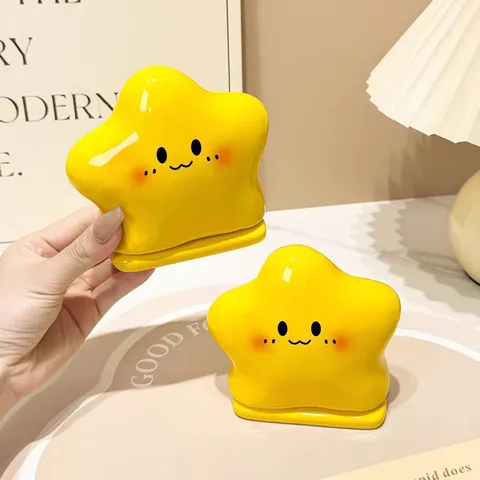 Cute Star Ceramic Toothpick Holder Cotton Swab Storage Box Cartoon Smiley Face Desktop Organizer Home Kitchen Decor