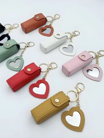 PU Leather Lipstick Holder Keychain Portable Mini Lipstick Pouch With Heart Mirror Makeup Storage Bag Key Ring