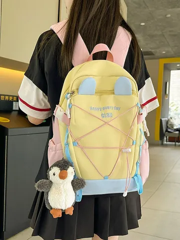 Große Kapazität Nylon Schulrucksack Kontrastfarbe Schultasche Mit Pinguin Plüsch Anhänger Für Studenten Damen Tagesrucksack