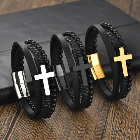 Men Multi-Layer Stainless Steel Cross Woven Microfiber Leather Bracelet Beaded Magnetic Clasp Punk Street Wristband Jewelry