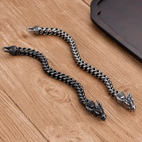 Men's Vintage Stainless Steel Dragon Head Bracelet Antique Silver Dragon Bone Chain Punk Biker Jewelry Personality Gift