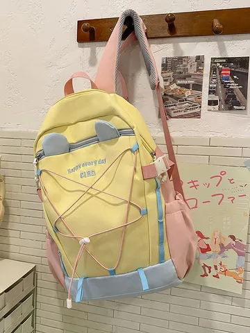 Große Kapazität Nylon Schulrucksack Kontrastfarbe Schultasche Mit Pinguin Plüsch Anhänger Für Studenten Damen Tagesrucksack