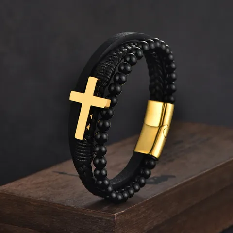 Men Multi-Layer Stainless Steel Cross Woven Microfiber Leather Bracelet Beaded Magnetic Clasp Punk Street Wristband Jewelry