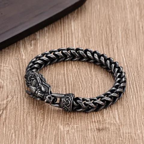 Men's Vintage Stainless Steel Dragon Head Bracelet Antique Silver Dragon Bone Chain Punk Biker Jewelry Personality Gift