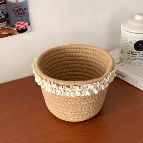 Cesta de Almacenamiento Tejida de Algodón Minimalista Caja de Almacenamiento de Cosméticos de Escritorio con Borde de Encaje Blanco Organizador