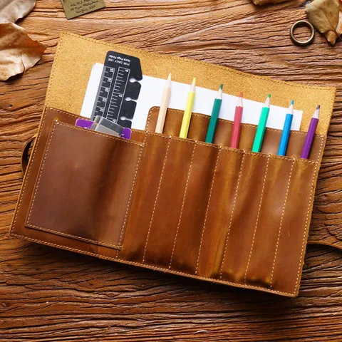 Vintage Crazy Horse Rundleer Etui Oprolbare Penozak Meerdere Sleuven Kantoorartikelen Opbergtas Voor Kantoor School