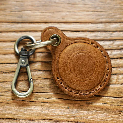 Genuine Leather Protective Case For Smart Tracker Vintage Cowhide Keychain Anti-Loss Device Holder With Metal Ring