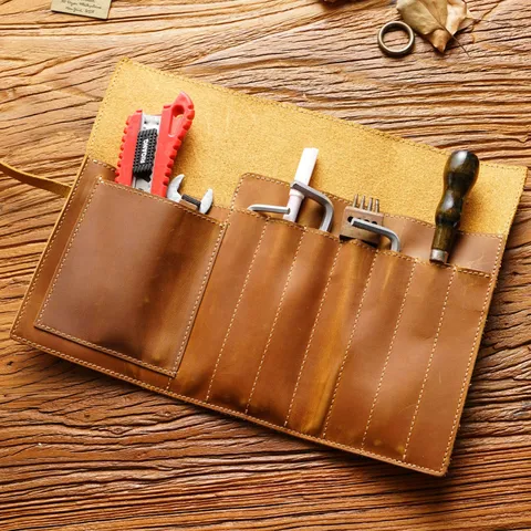 Vintage Crazy Horse Rundleer Etui Oprolbare Penozak Meerdere Sleuven Kantoorartikelen Opbergtas Voor Kantoor School