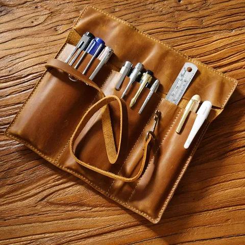 Vintage Echte Lederen Etui Opvollende Pennenzak Retro Rundleer Schrijfwaren Organizer Tas Voor Kantoor School