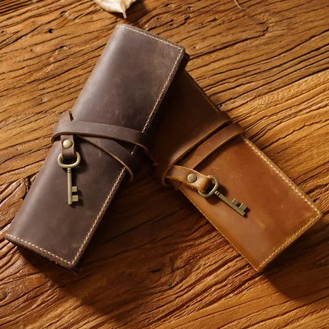 Vintage Echte Lederen Etui Opvollende Pennenzak Retro Rundleer Schrijfwaren Organizer Tas Voor Kantoor School