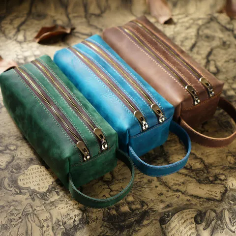 Vintage Genuine Cowhide Leather Pencil Case Large Capacity Double Layer Multifunctional Stationery Pouch Retro Pencil Box For School Office