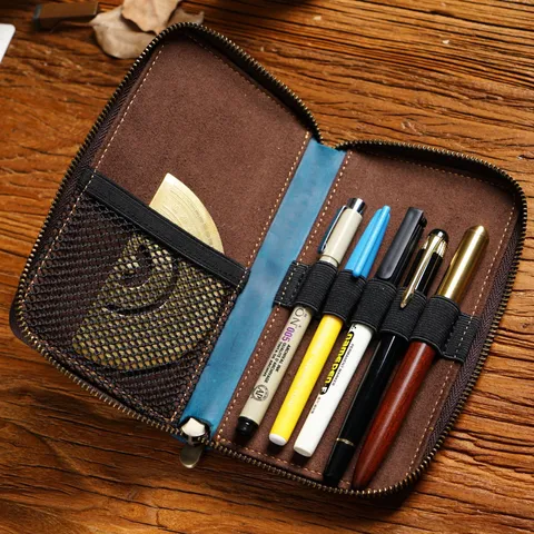 Vintage Echtes Leder Federmäppchen Großes Kapazität Reißverschluss Stiftetasche Briefpapier Organizer Beutel Für Schule Büro