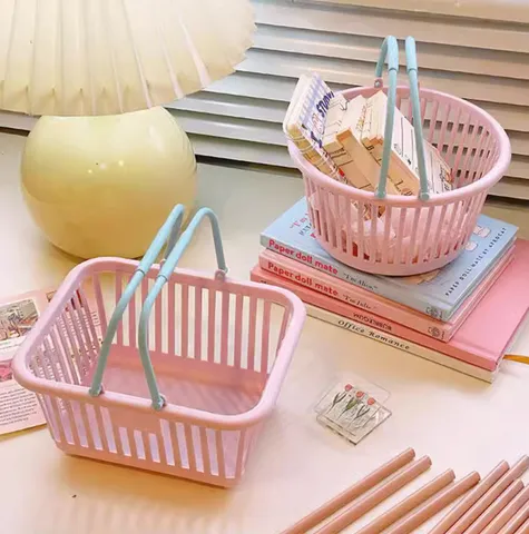 Cute Plastic Storage Basket Desktop Makeup Stationery Organizer Small Portable Hollow Storage Basket Home Office Organization