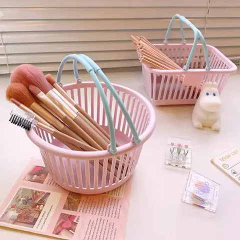 Cute Plastic Storage Basket Desktop Makeup Stationery Organizer Small Portable Hollow Storage Basket Home Office Organization