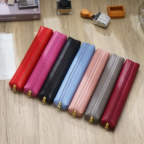 Minimalistisches Echtes Leder Federmäppchen Klein Mini Tragbare Schreibwaren Tasche Bonbonfarbe Reißverschluss Stift Etui Für Schüler