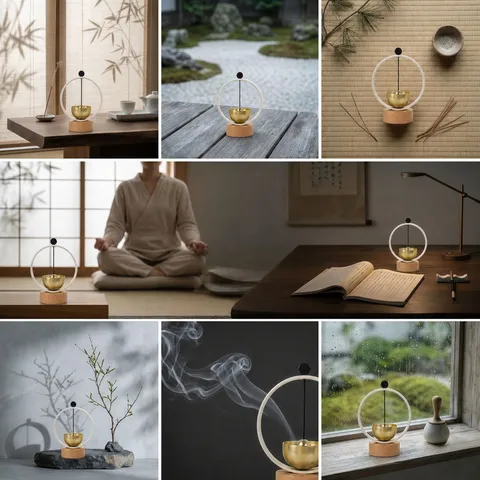 Cloche de Meditation Zen Ornement de Bureau Base en Bois Anneau en Metal Carillon de Guerison Yoga Relaxation Decoration Interieure