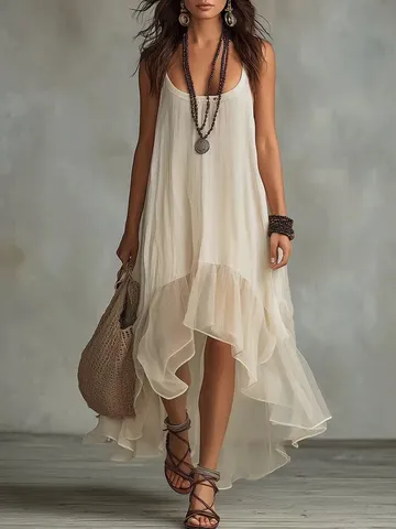 Women's Bohemian Solid Color U Neck Sleeveless Dress Summer Casual Beach Irregular Layered Ruffle Hem Midi Sundress Resort Wear
