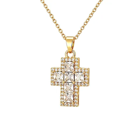 Collana con Ciondolo a Croce in Rame e Zirconia Oro Argento Placcato Zirconia Quadrata Gioielli di Moda Catena in Acciaio Inossidabile per Donna