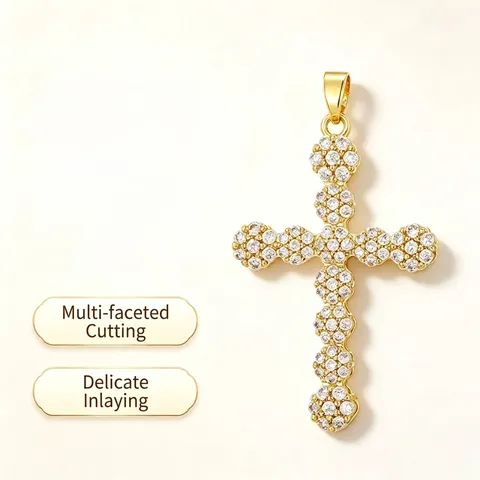 Ciondolo a Croce in Ottone Placcato Oro con Zirconia Floreale Intarsiato Ciondolo Religioso per Collana DIY Accessori Gioielli Donna Uomo