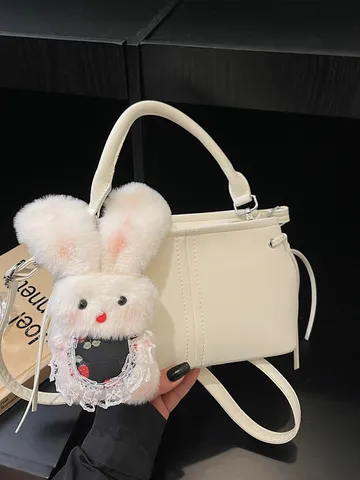 Women Patchwork Bucket Bag Soft PU Leather Cute Plush Rabbit Pendant Small Crossbody Shoulder Handbag For Daily Commute