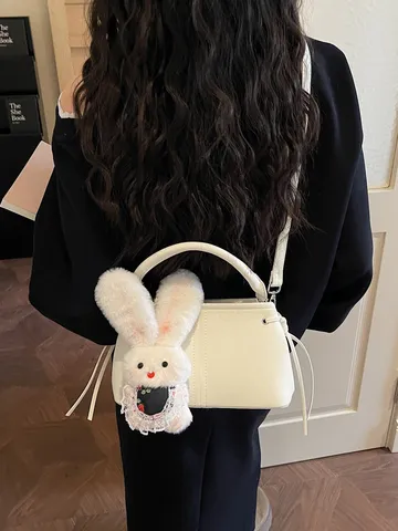 Women Patchwork Bucket Bag Soft PU Leather Cute Plush Rabbit Pendant Small Crossbody Shoulder Handbag For Daily Commute