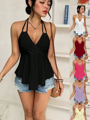 Damen Halter Durchbrochen Bandage Camisole Sexy V-Ausschnitt Rückenfrei Ärmelloses Crop Top Sommer Streetwear Polyester Tank Top