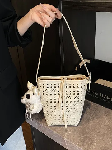 Damen Sommer Laser Ausschnitt Eimertasche PU Leder Geometrische Punkte Umhängetasche Mit Plüschanhänger Tasche-in-Tasche