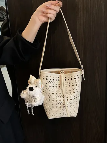 Damen Sommer Laser Ausschnitt Eimertasche PU Leder Geometrische Punkte Umhängetasche Mit Plüschanhänger Tasche-in-Tasche
