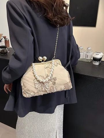 Women Elegant Shell Handbag Pearl Handle Floral Embroidery Mesh Retro Crossbody Bag For Evening Party Shoulder Bag