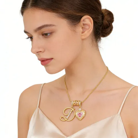 Copper Gold Plated Zirconia Pink Heart Letter Pendant Necklace For Women Elegant Clavicle Box Chain Jewelry