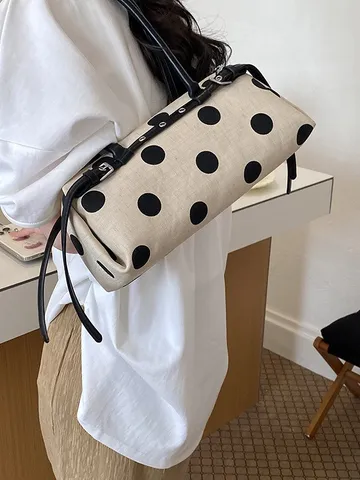 Women French Vintage Polka Dot Canvas Baguette Bag Underarm Shoulder Bag With Belt Buckle Decor Summer Casual Purse