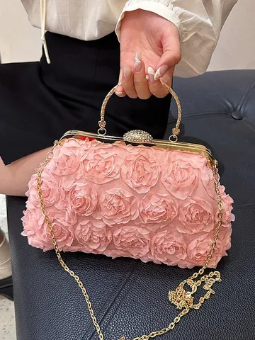Bolso de Noche con Flores en Malla 3D para Mujer Bolso de Mano de Concha con Strass y Cadena de Metal Dorada para Boda Fiesta