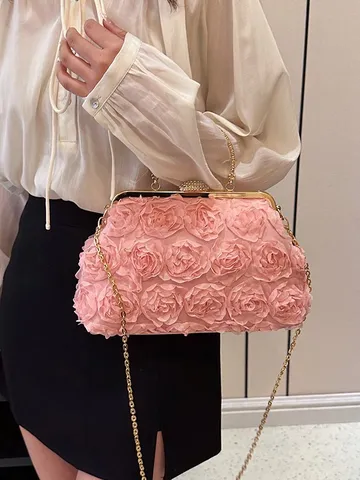 Bolso de Noche con Flores en Malla 3D para Mujer Bolso de Mano de Concha con Strass y Cadena de Metal Dorada para Boda Fiesta