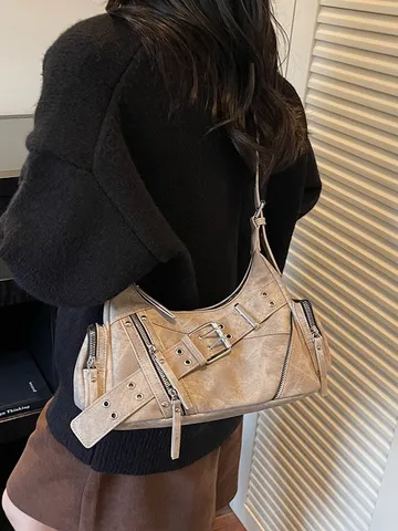 Vintage Moto Distressed PU Underarm Bag For Women Multi Zippers Buckle Belt Rivets Y2K Fashion Spice Girl Shoulder Crossbody Bag