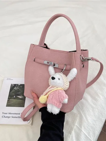 Vintage Litschimuster Beuteltasche Mit Schloss Für Damen PU-Leder Handtasche Umhängetasche Inklusive Kaninchen-Anhänger