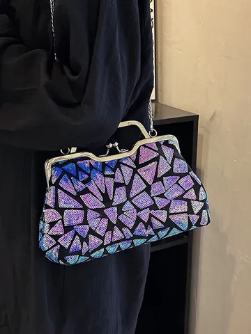 Women Sequin Patchwork Evening Bag Geometric Mosaic Shell Shoulder Bag With Chain Strap Vintage Kiss Lock Banquet Party Small Square Clutch