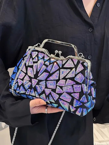 Women Sequin Patchwork Evening Bag Geometric Mosaic Shell Shoulder Bag With Chain Strap Vintage Kiss Lock Banquet Party Small Square Clutch