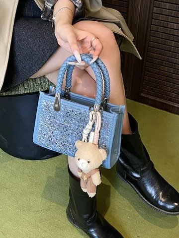 Summer Denim Blue Sequin Tote Bag Women Woven Handle Patchwork Crossbody Bag With Plush Bear Charm Shoulder Bag